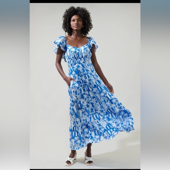 SugarLips Nala Tiered Smocked Maxi Dress Blue White Print - Picture 2 of 8